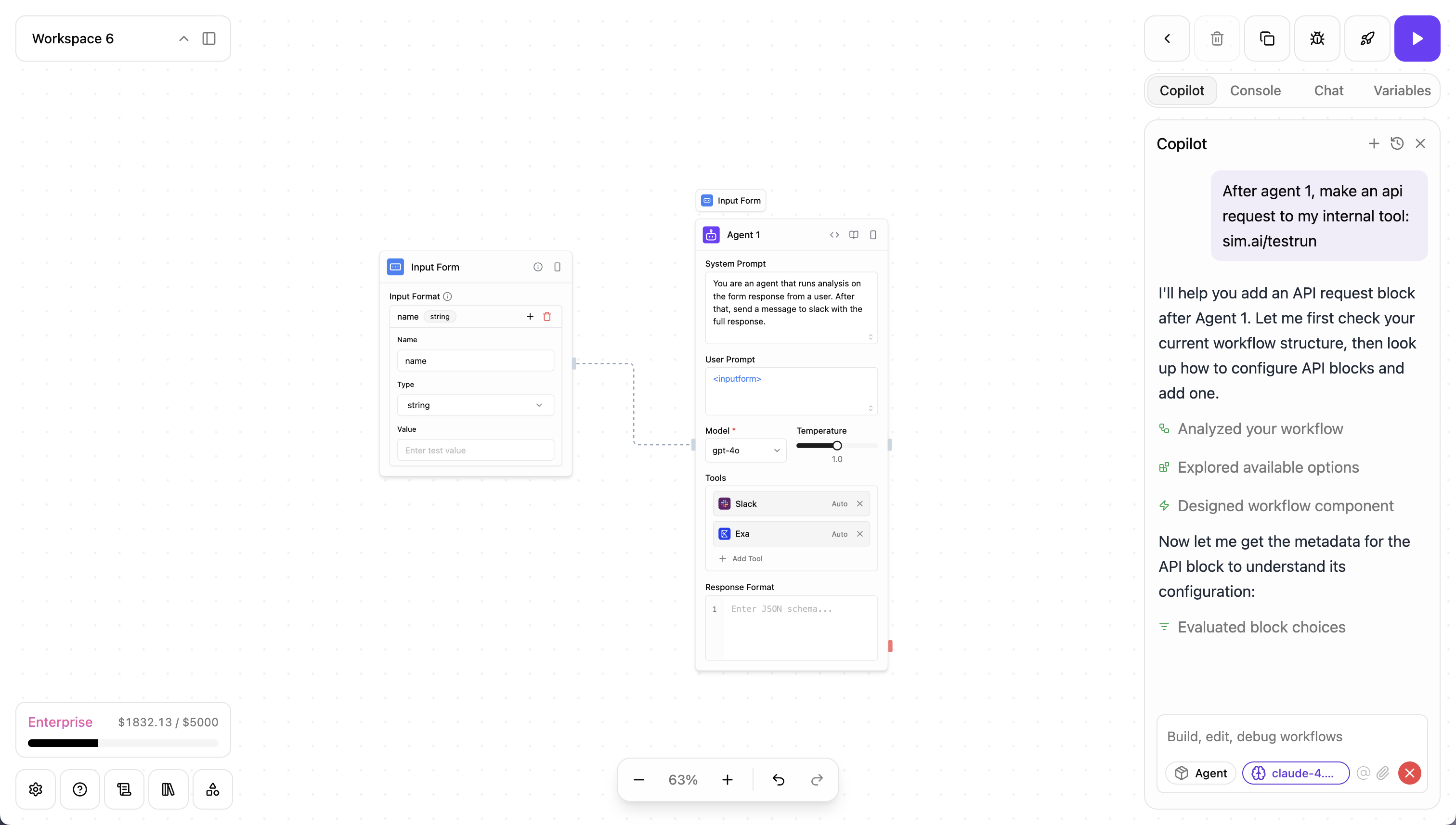 Sim AI Copilot assisting with workflow development
